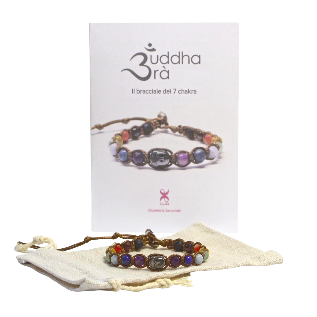 Opuscolo Buddhabrà sui chakra con sacchetto in cotone e bracciale con chiusura incisa