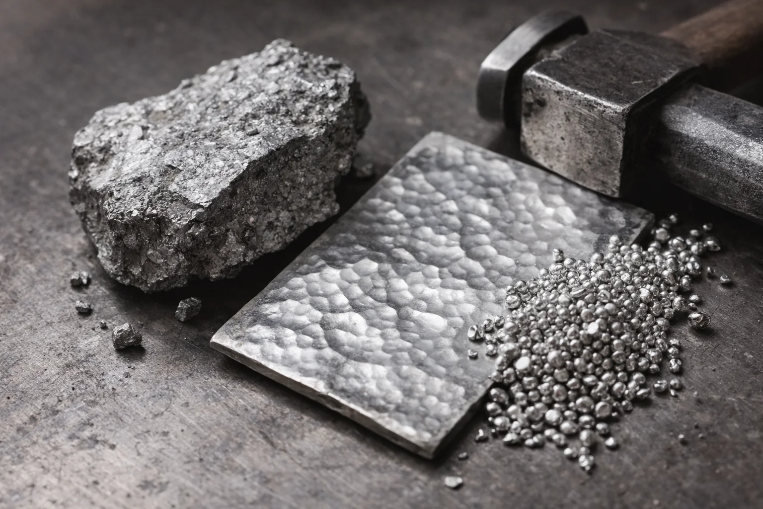 Argento 925 lavorato a mano: dettaglio della superficie martellata e della texture del metallo