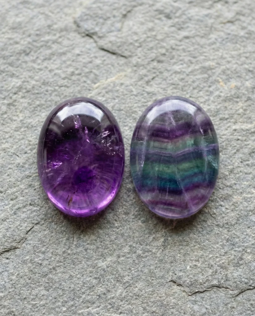 Due cabochon: a sinistra ametista a destra fluorite viola