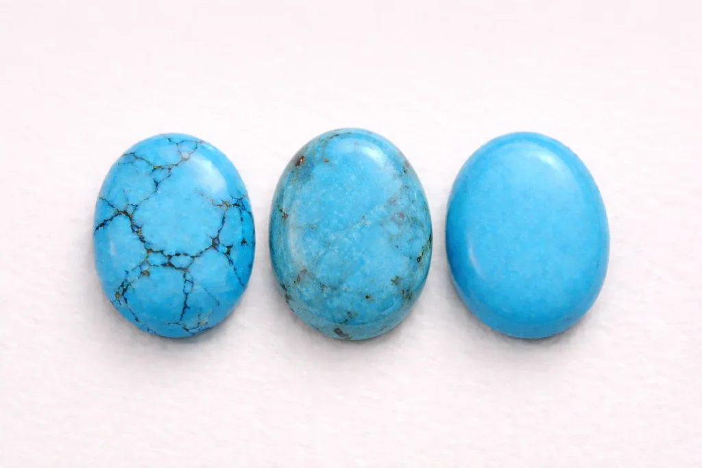 tre cabochon: a sinistra aulite tinta, al centro turchese naturale, a destra pasta di turchese