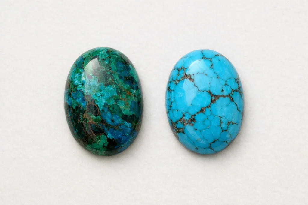 Cabochon di crisocolla a sinistra e turchese a destra