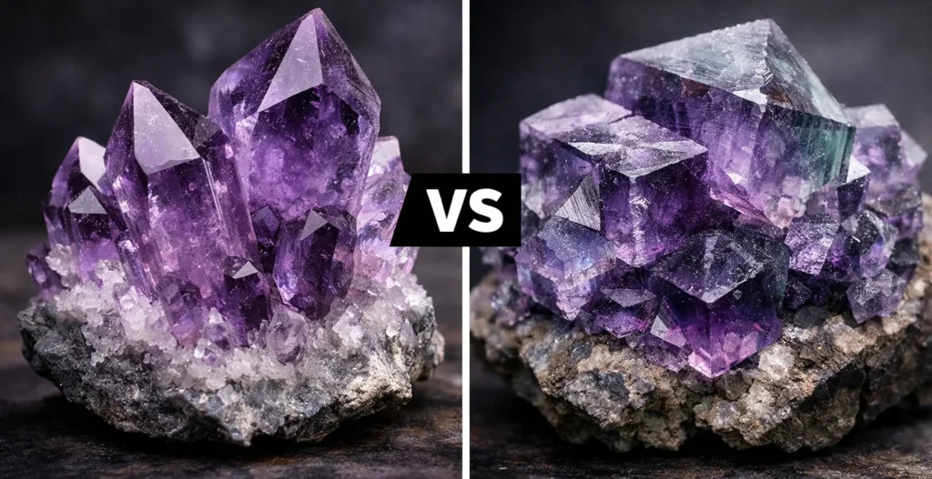 due cristalli a sinistra ametista a destra fluorite viola