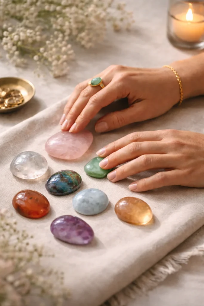 scelta del gioiello. una mano deve scegliere tra diversi cabochon di pietre naturali. la scelta deve essere fatta in modo da rispettare ed esaltare la propria identità.