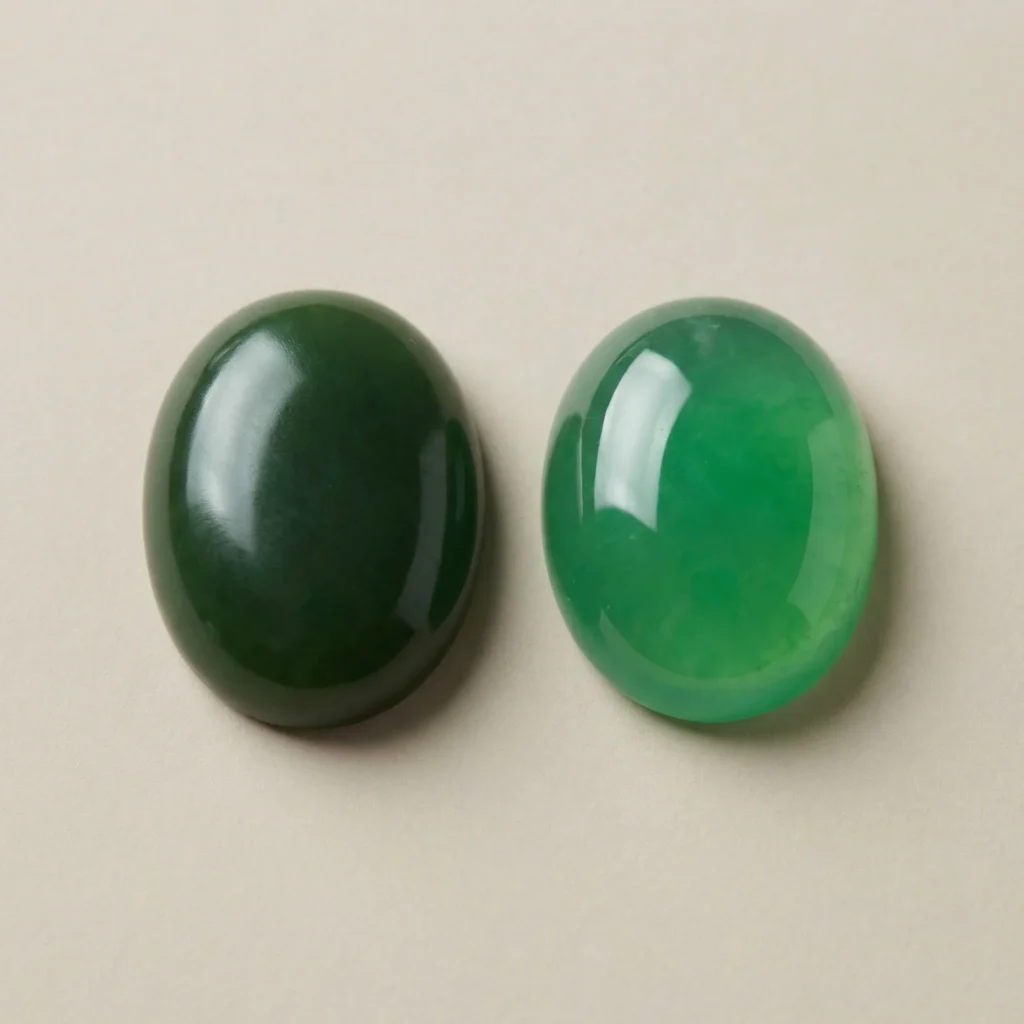 due cabochon di giada: a sinistra nefrite e giadeite a destra.