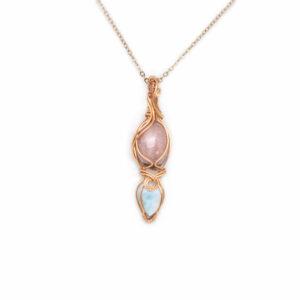ciondolo sartoriale con Larimar e Rodonite in rame trattato